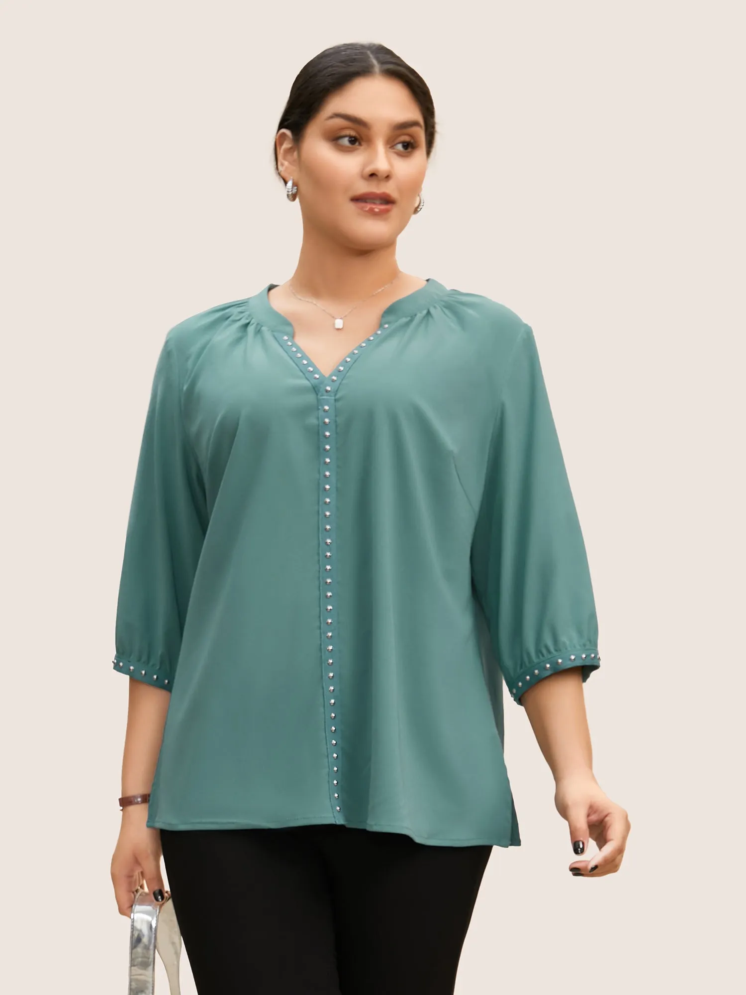 V Neck Woven Ribbon Lantern Sleeve Blouse sold by Bloomchic product image thumbnail 3