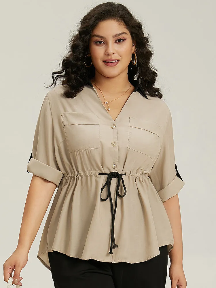 Contrast Drawstring Roll Tab Sleeve Patched Pocket Blouse sold by Bloomchic product image thumbnail 2