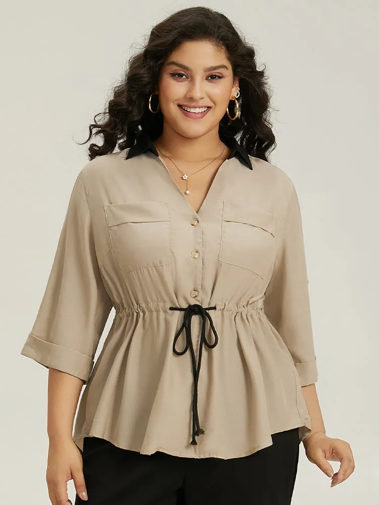 Contrast Drawstring Roll Tab Sleeve Patched Pocket Blouse sold by Bloomchic product image thumbnail 3