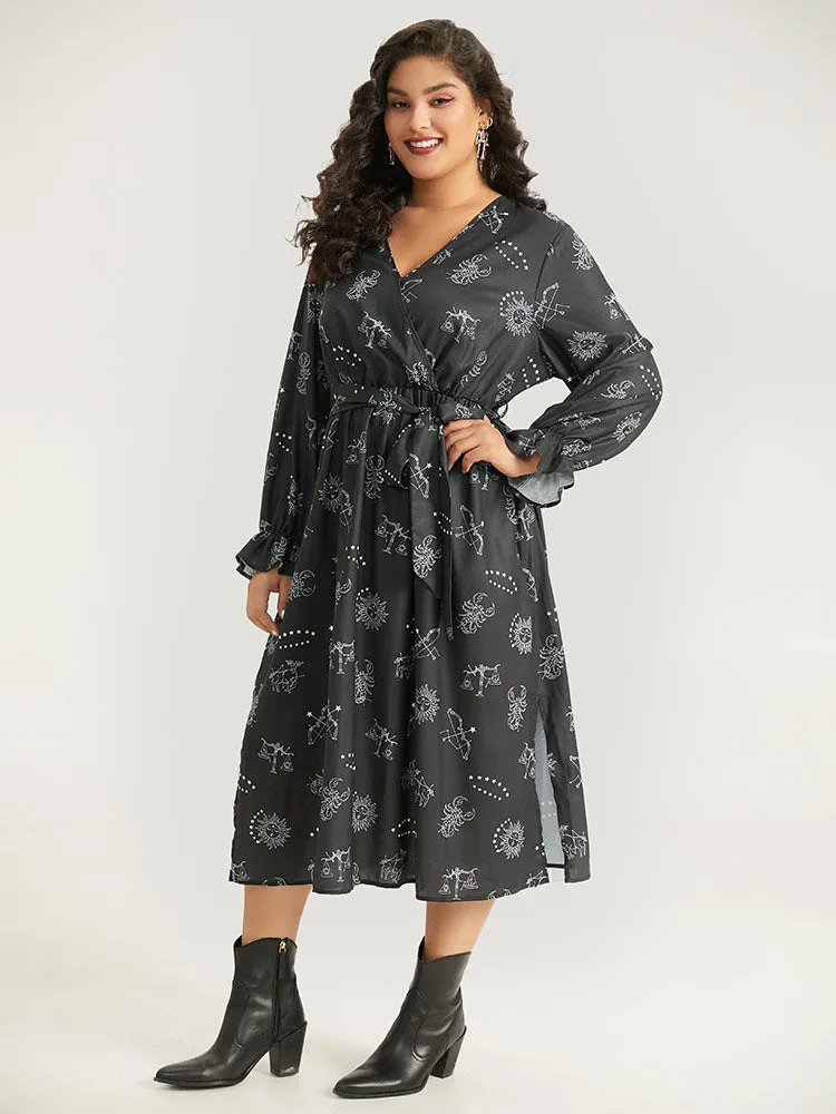 Halloween Print Belted Pocket Wrap Split Hem Dress sold by Bloomchic