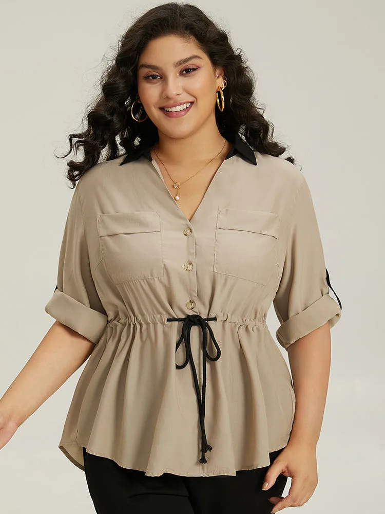 Contrast Drawstring Roll Tab Sleeve Patched Pocket Blouse sold by Bloomchic product image thumbnail 4