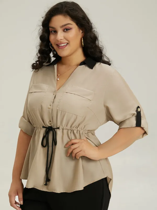 Contrast Drawstring Roll Tab Sleeve Patched Pocket Blouse sold by Bloomchic