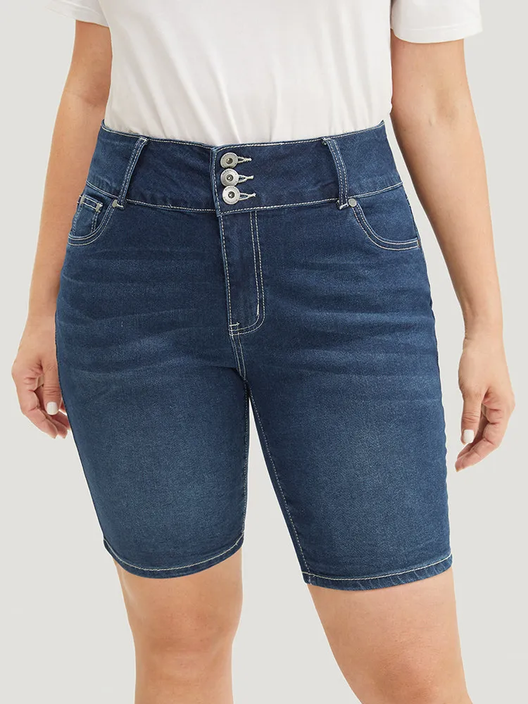 Slightly Stretchy High Rise Black Wash Denim Shorts sold by Bloomchic