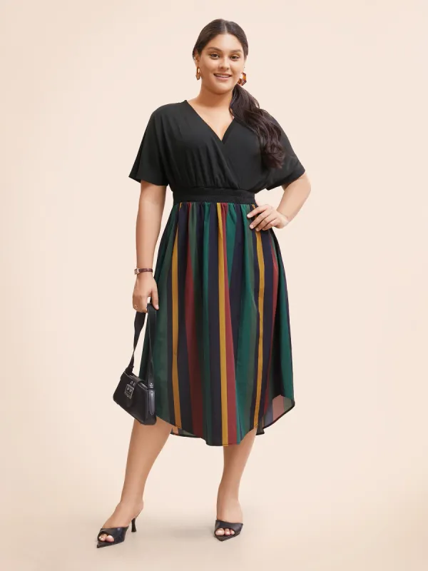 Striped Overlap Collar Shirred Midi Dress sold by Bloomchic