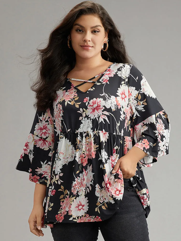 Floral Crisscross Ruffle Sleeve T-shirt sold by Bloomchic