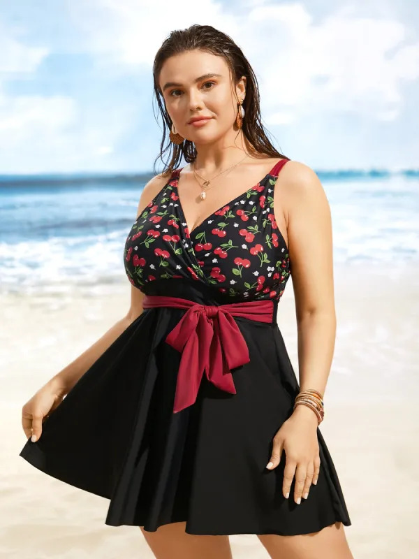 Cherry Print Wrap Tie Knot Swim Dress made by Bloomchic