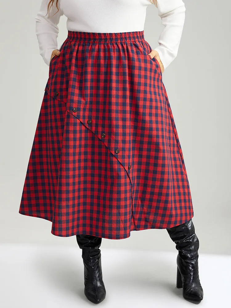 Gingham Pocket Elastic Waist Button Detail Skirt sold by Bloomchic