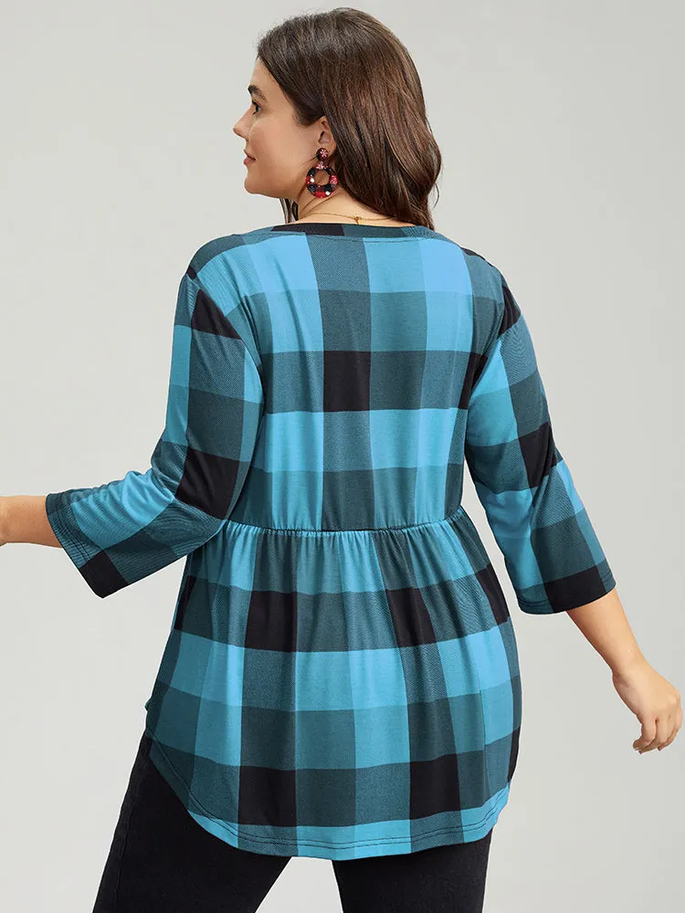 Plaid V Neck Elastic Waist Arc Hem T-shirt sold by Bloomchic product image thumbnail 2