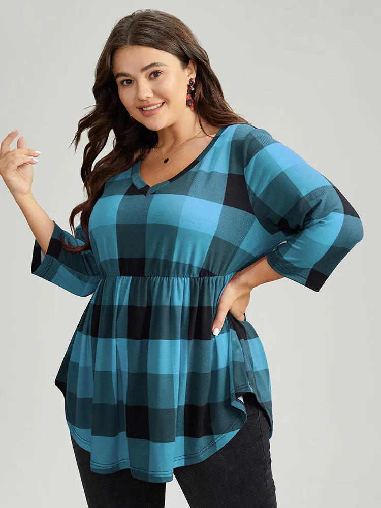 Plaid V Neck Elastic Waist Arc Hem T-shirt sold by Bloomchic product image thumbnail 3