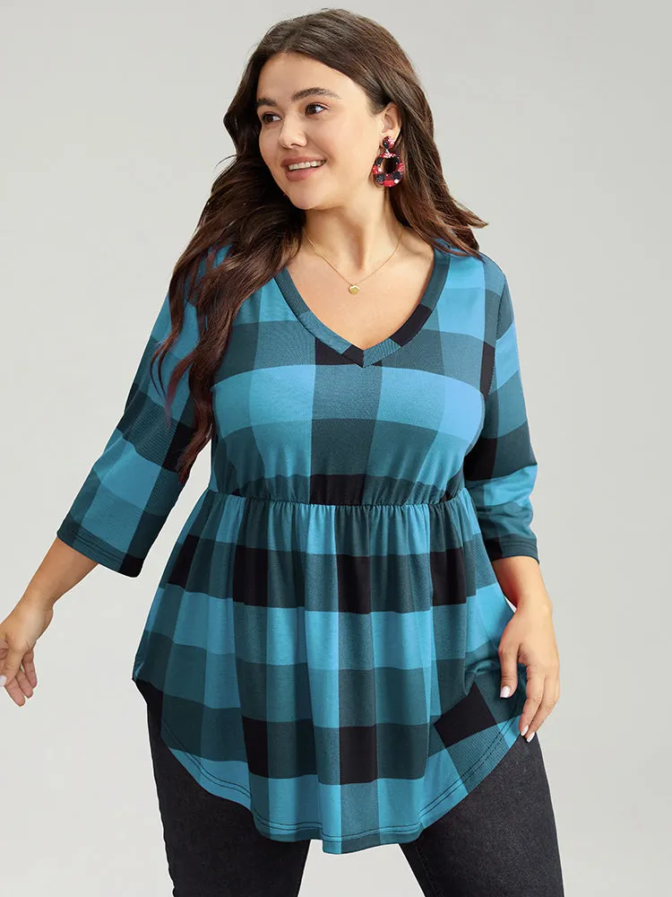 Plaid V Neck Elastic Waist Arc Hem T-shirt sold by Bloomchic