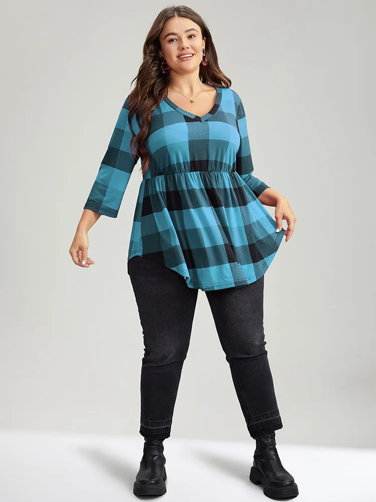 Plaid V Neck Elastic Waist Arc Hem T-shirt sold by Bloomchic product image thumbnail 4