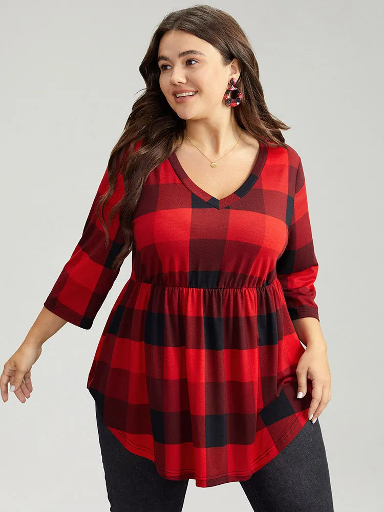 Plaid V Neck Elastic Waist Arc Hem T-shirt sold by Bloomchic product image thumbnail 5