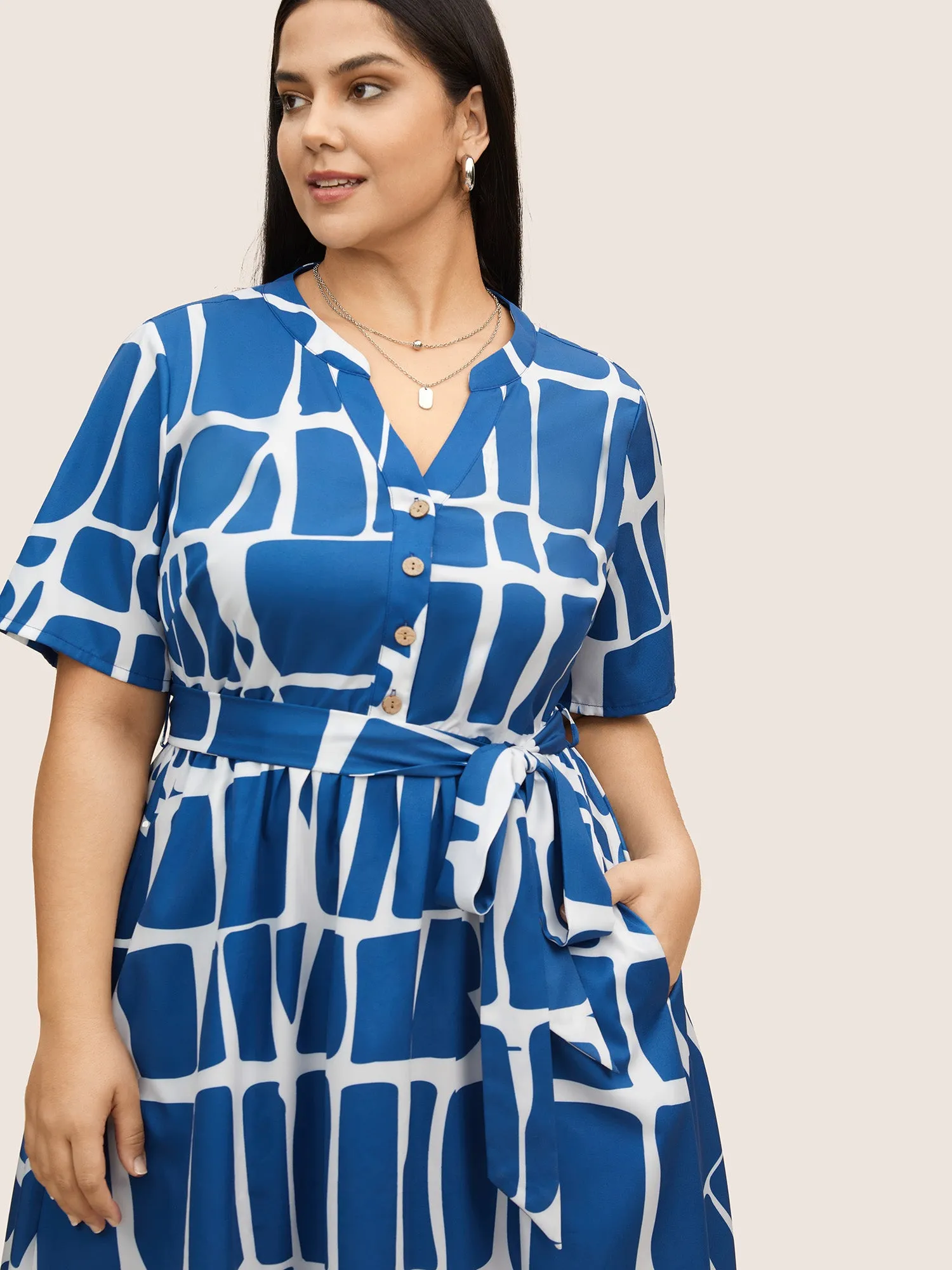 Geometric Print Notched Belted Button Up Dress sold by Bloomchic product image thumbnail 4