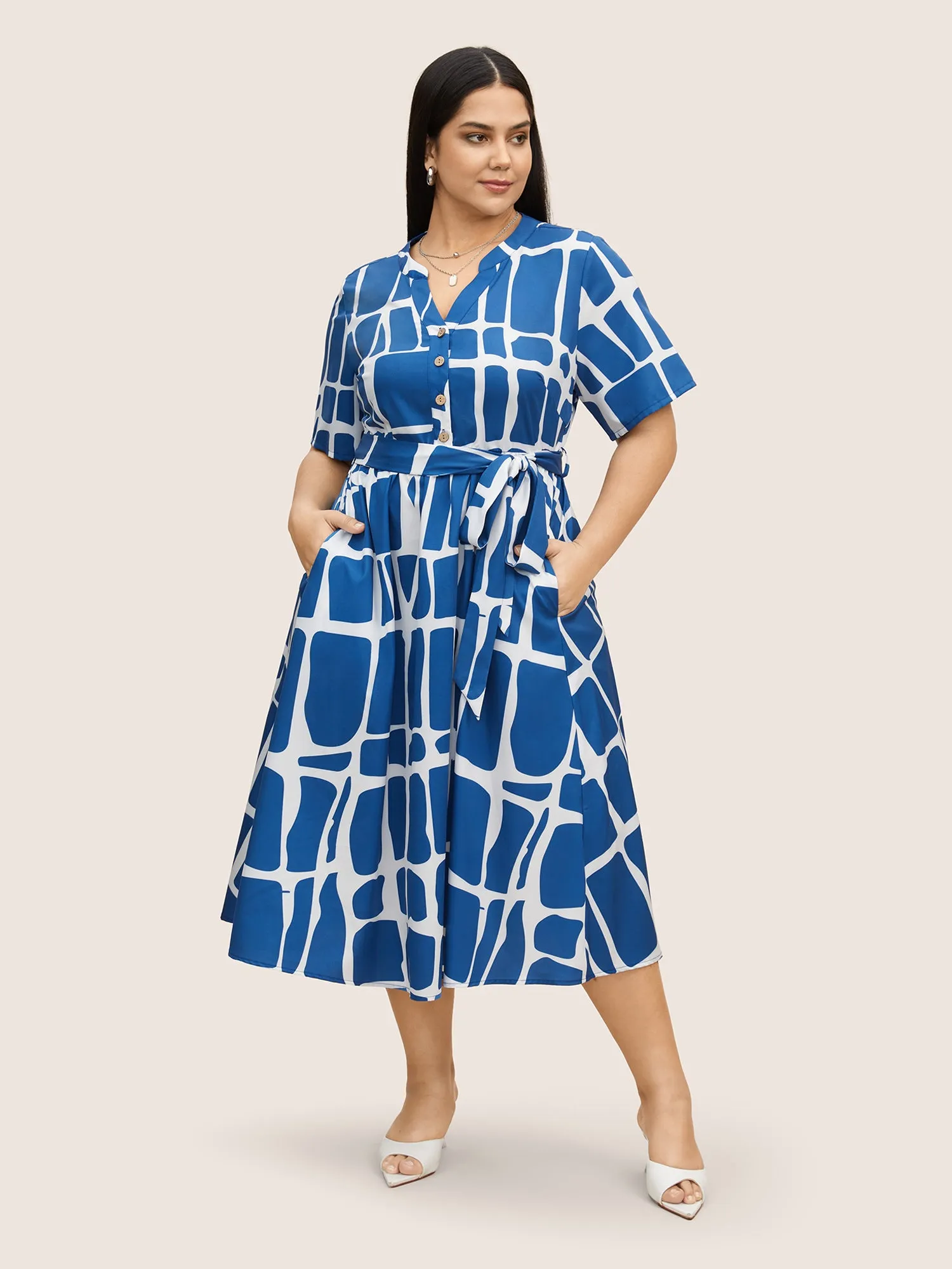 Geometric Print Notched Belted Button Up Dress sold by Bloomchic product image thumbnail 3