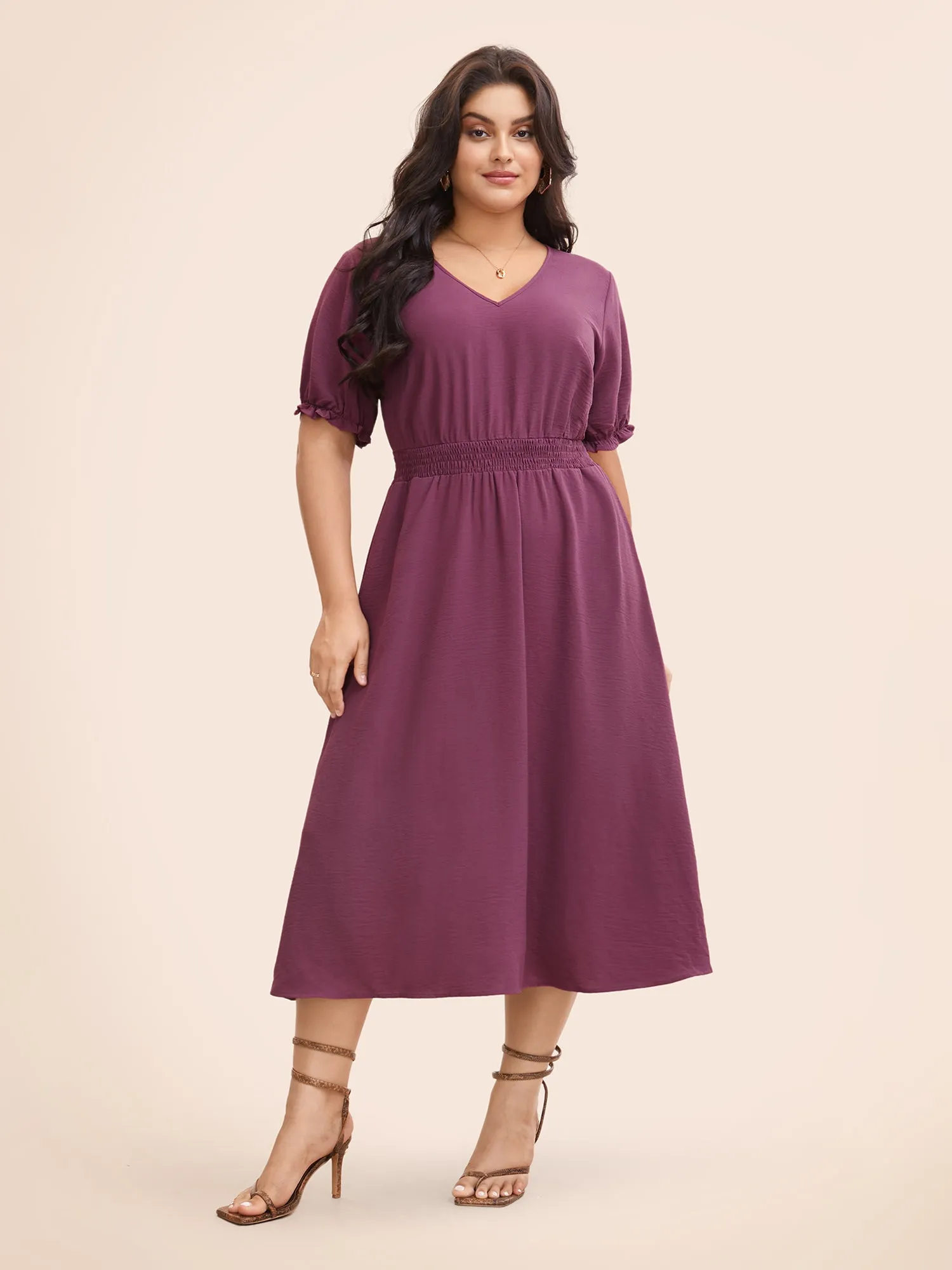 Plain V Neck Shirred Puff Sleeve Dress sold by Bloomchic product image thumbnail 2