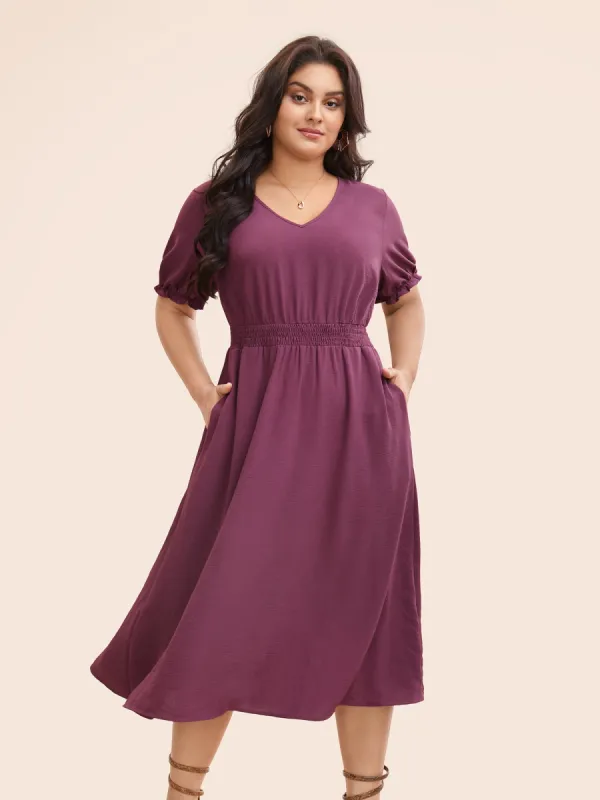 Plain V Neck Shirred Puff Sleeve Dress sold by Bloomchic