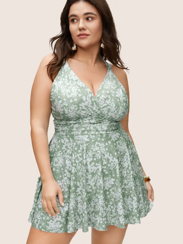 Ditsy Floral Halter Ruched Adjustable Straps Swim Dress sold by Bloomchic