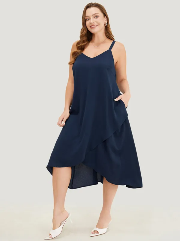 Plain Asymmetrical Hem Adjustable Straps Pocket Cami Dress sold by Bloomchic