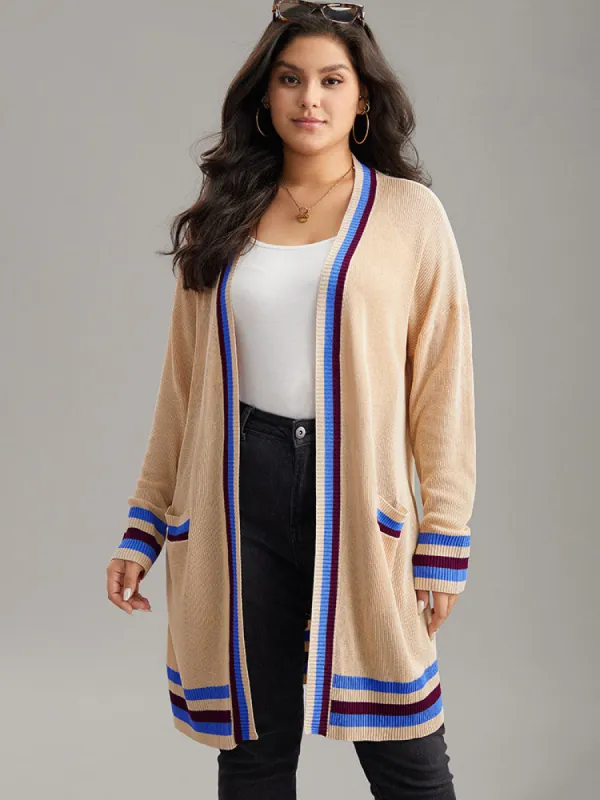 Contrast Striped Patched Pocket Drop Shoulder Cardigan sold by Bloomchic