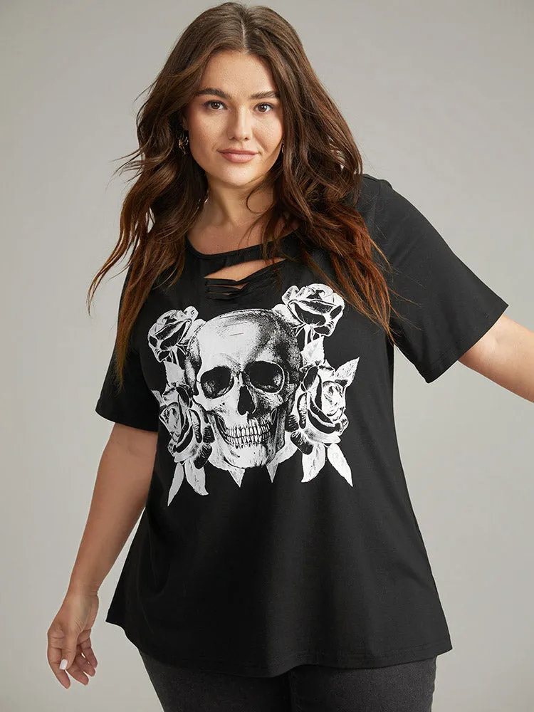 Halloween Skull Print Keyhole T-shirt sold by Bloomchic
