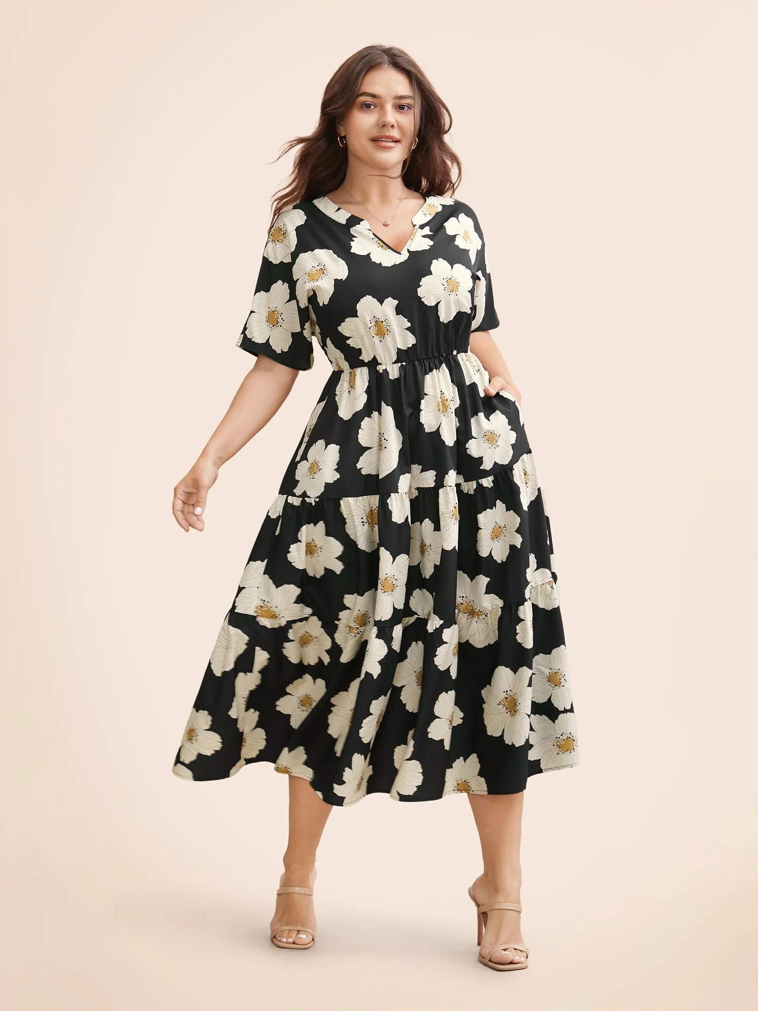 Floral Print Notched Ruffle Sleeve Dress sold by Bloomchic