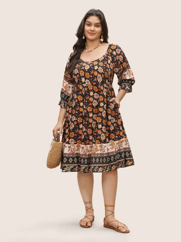 Bandana Print Square Neck Pocket Ruffle Sleeve Dress sold by Bloomchic