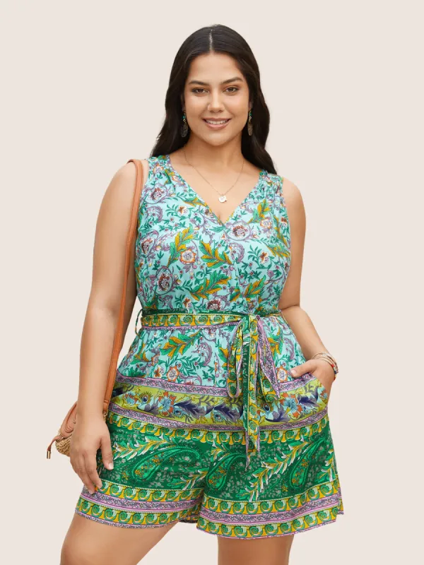 Bandana Print Wrap Belted Ties Romper sold by Bloomchic