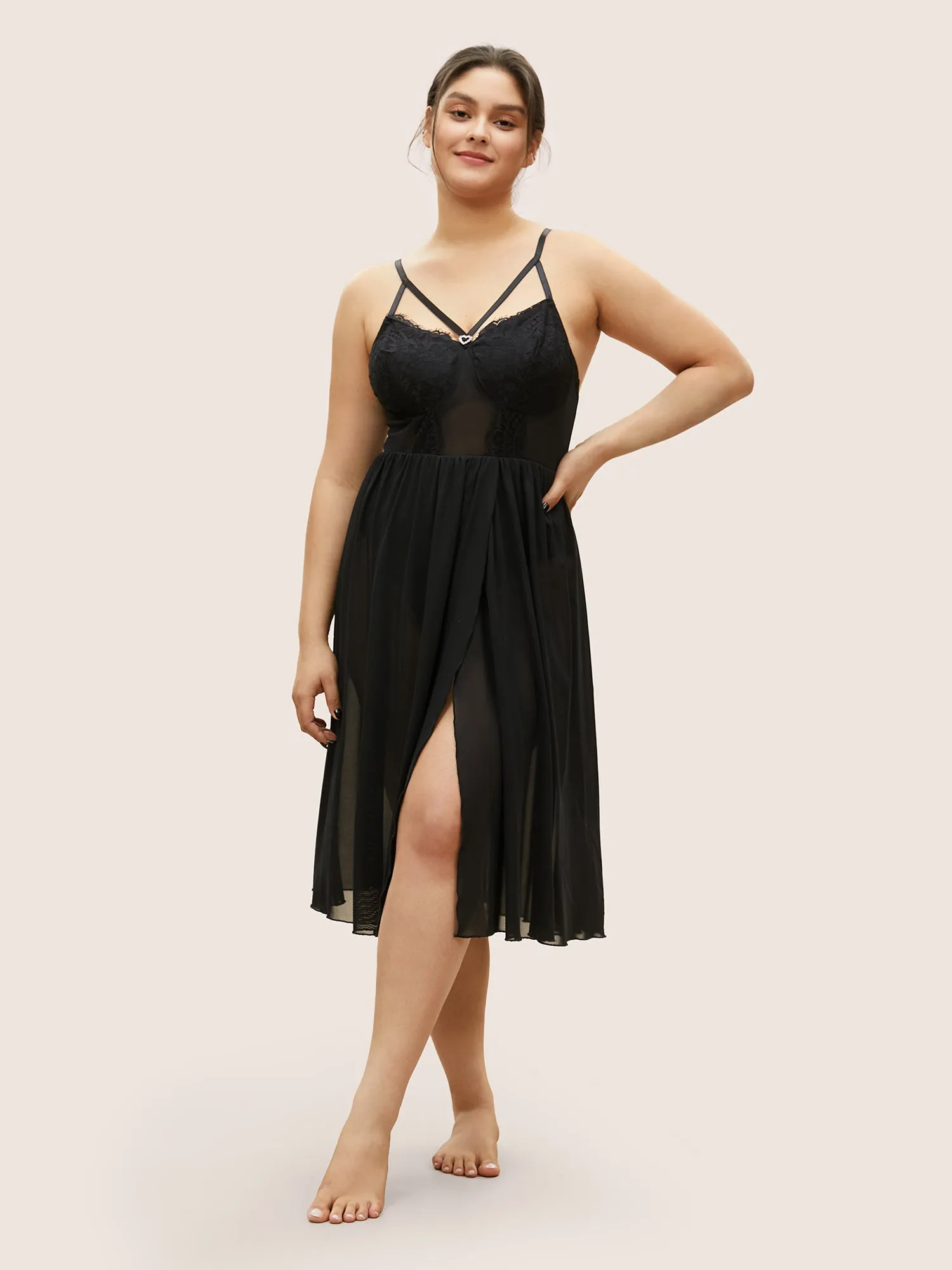 Heart Rhinestone Crisscross Split Hem Sleep Jumpsuit sold by Bloomchic product image thumbnail 4