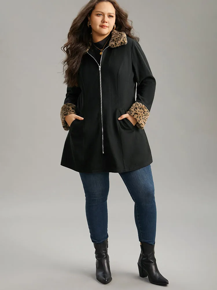 Leopard Patchwork Fuzzy Trim Zipper Coat sold by Bloomchic product image thumbnail 5