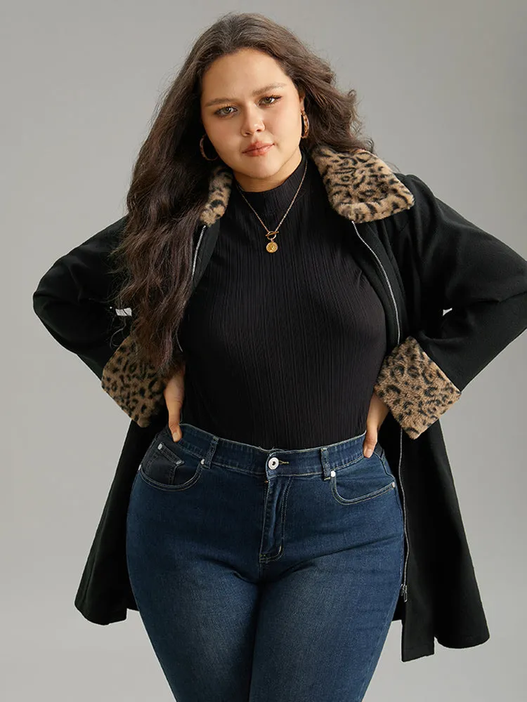 Leopard Patchwork Fuzzy Trim Zipper Coat sold by Bloomchic product image thumbnail 2