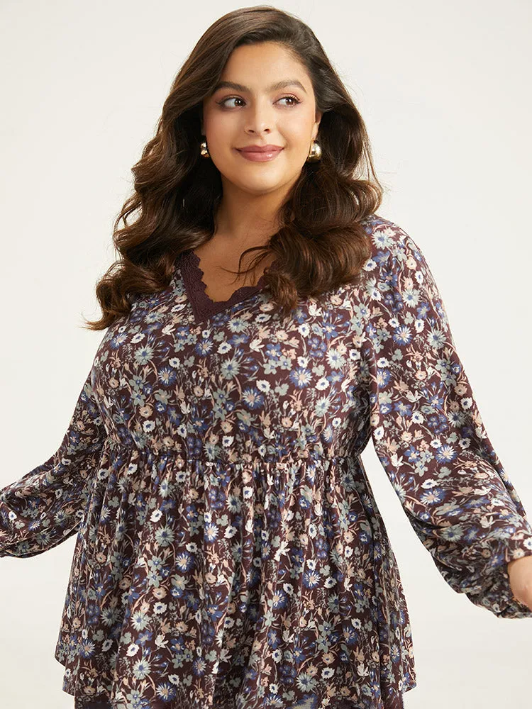 Lace Panel Lantern Sleeve Elastic Waist T-shirt sold by Bloomchic product image thumbnail 5