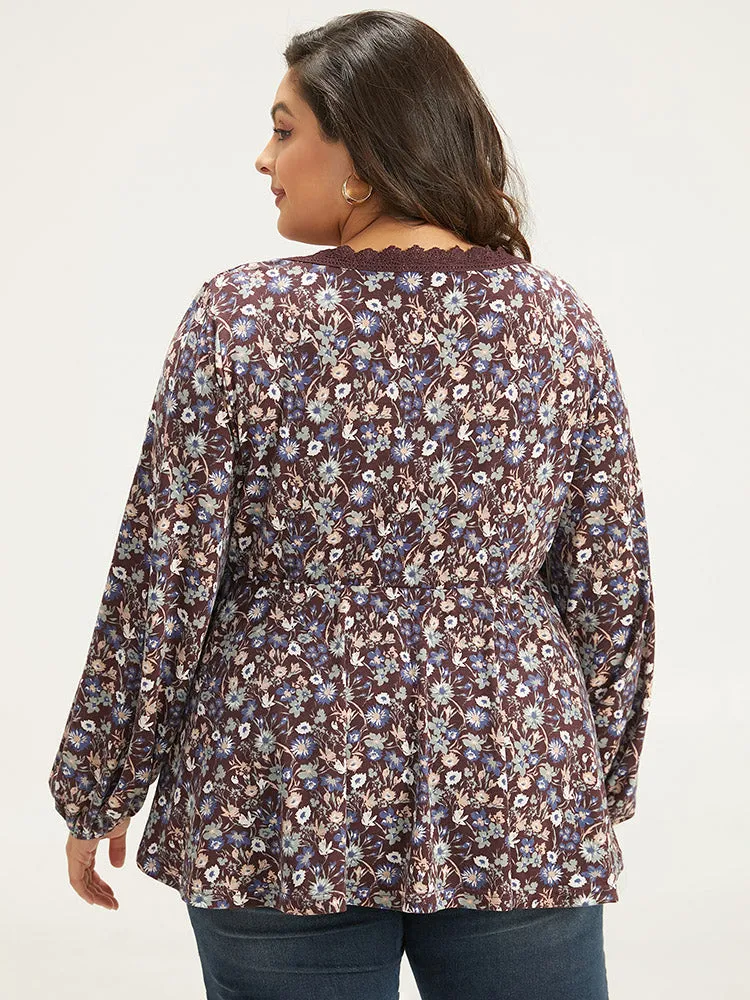 Lace Panel Lantern Sleeve Elastic Waist T-shirt sold by Bloomchic product image thumbnail 2