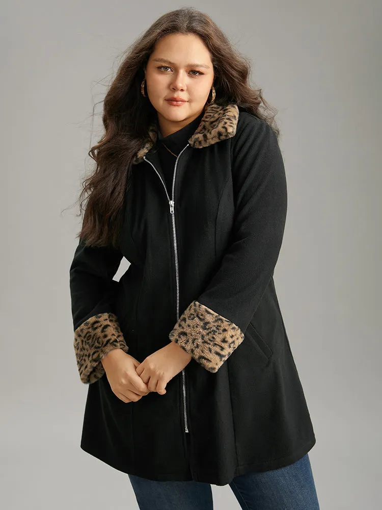 Leopard Patchwork Fuzzy Trim Zipper Coat sold by Bloomchic product image thumbnail 4