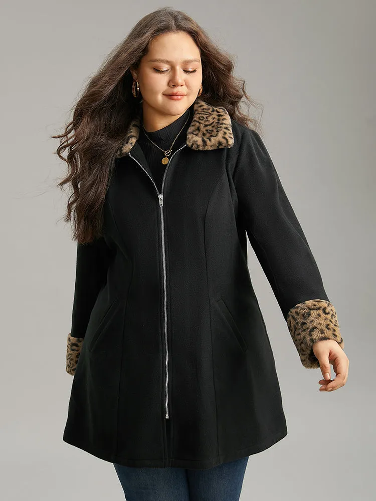 Leopard Patchwork Fuzzy Trim Zipper Coat sold by Bloomchic