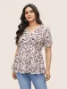 Pixel Flower Ruched Ruffle Trim Blouse sold by Bloomchic