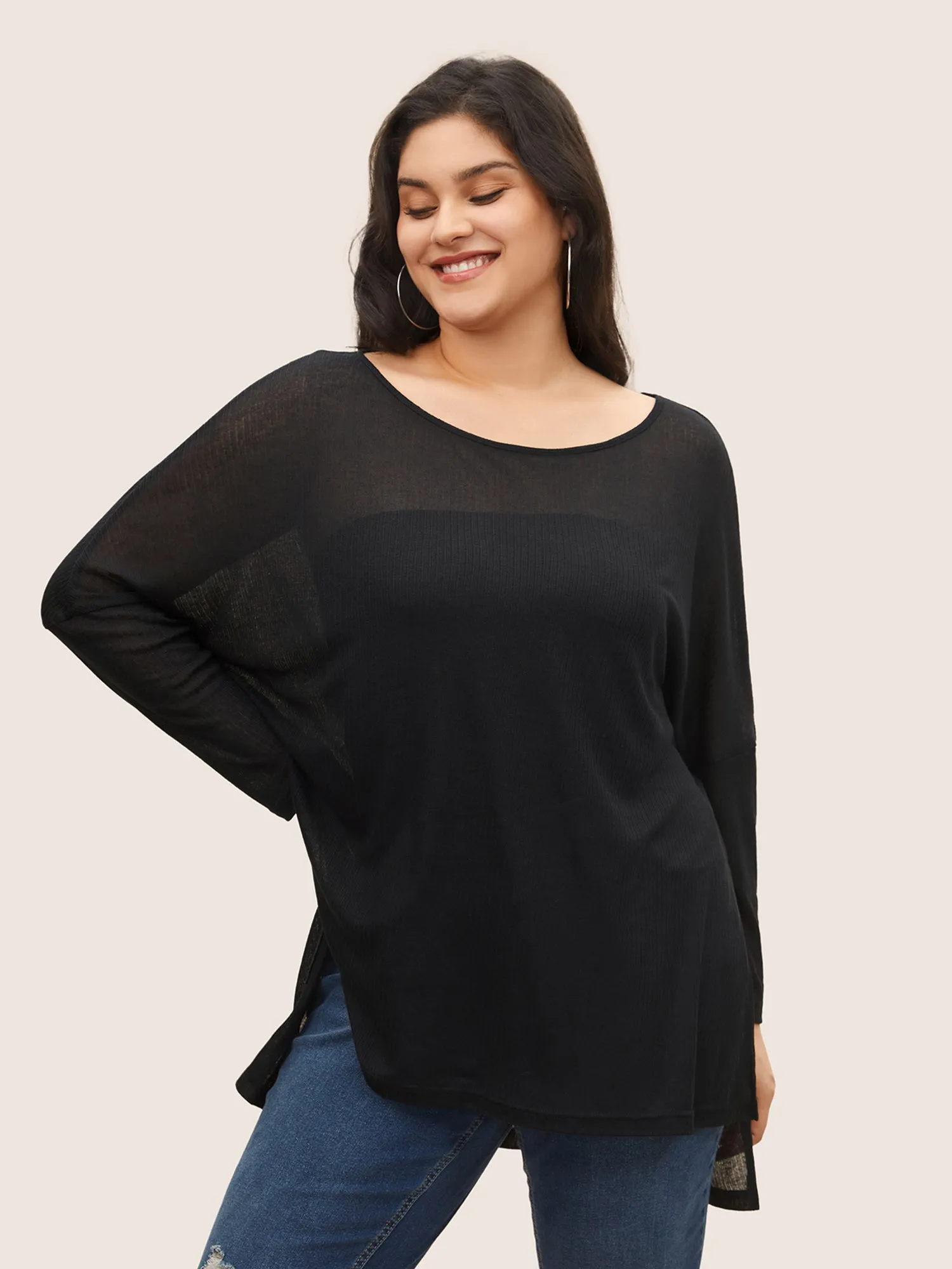 Plain Mesh Split Side Long Sleeve T-shirt sold by Bloomchic
