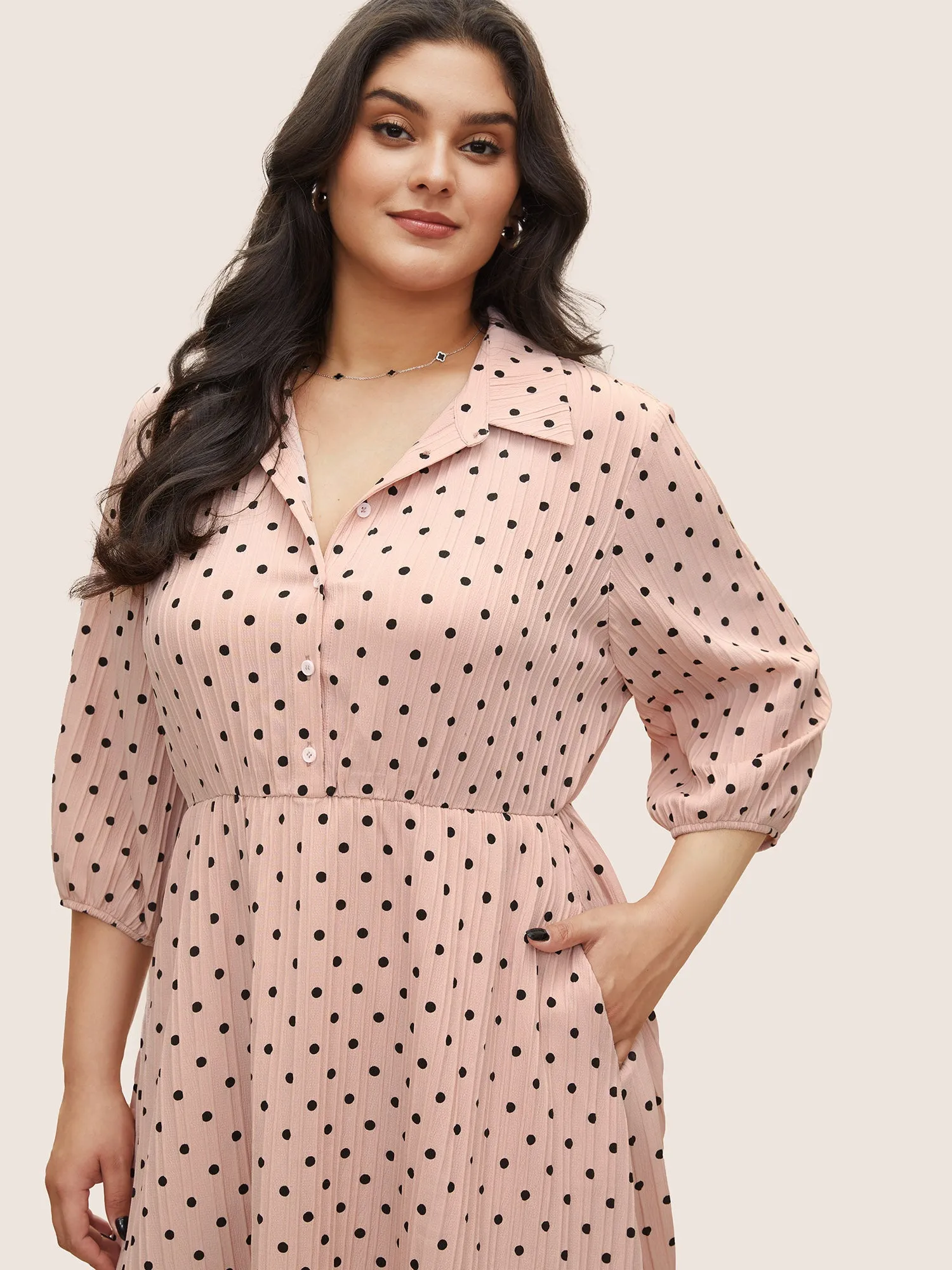 Polka Dot Textured Elastic Waist Button Up Dress sold by Bloomchic product image thumbnail 2