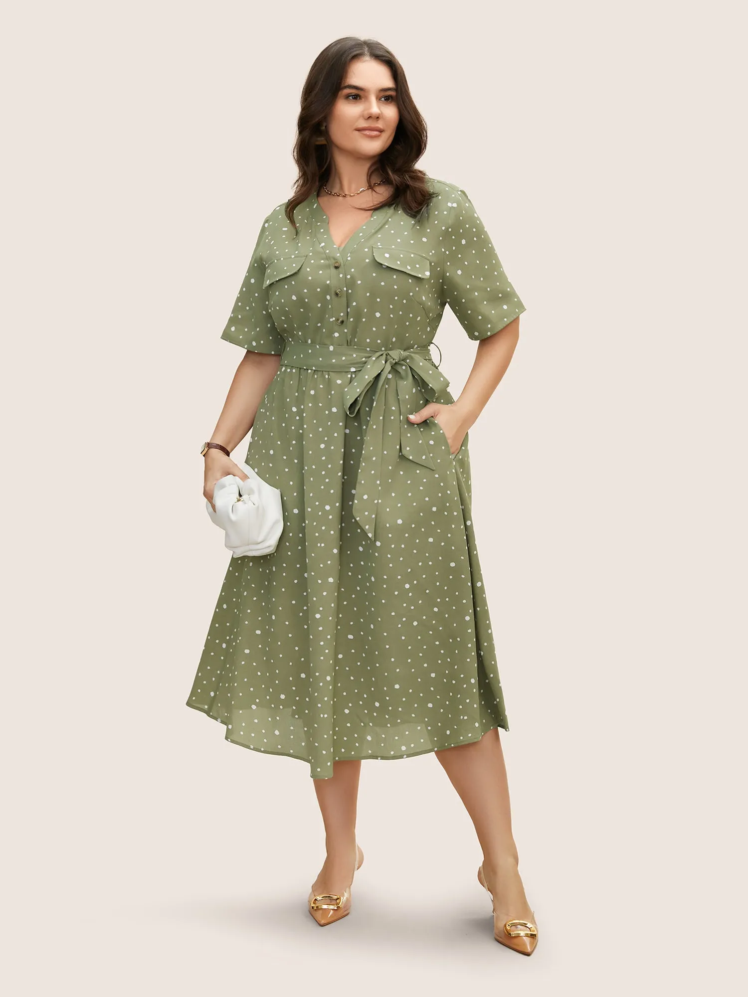 Notched Collar Polka Dot Button Up Dress sold by Bloomchic product image thumbnail 3