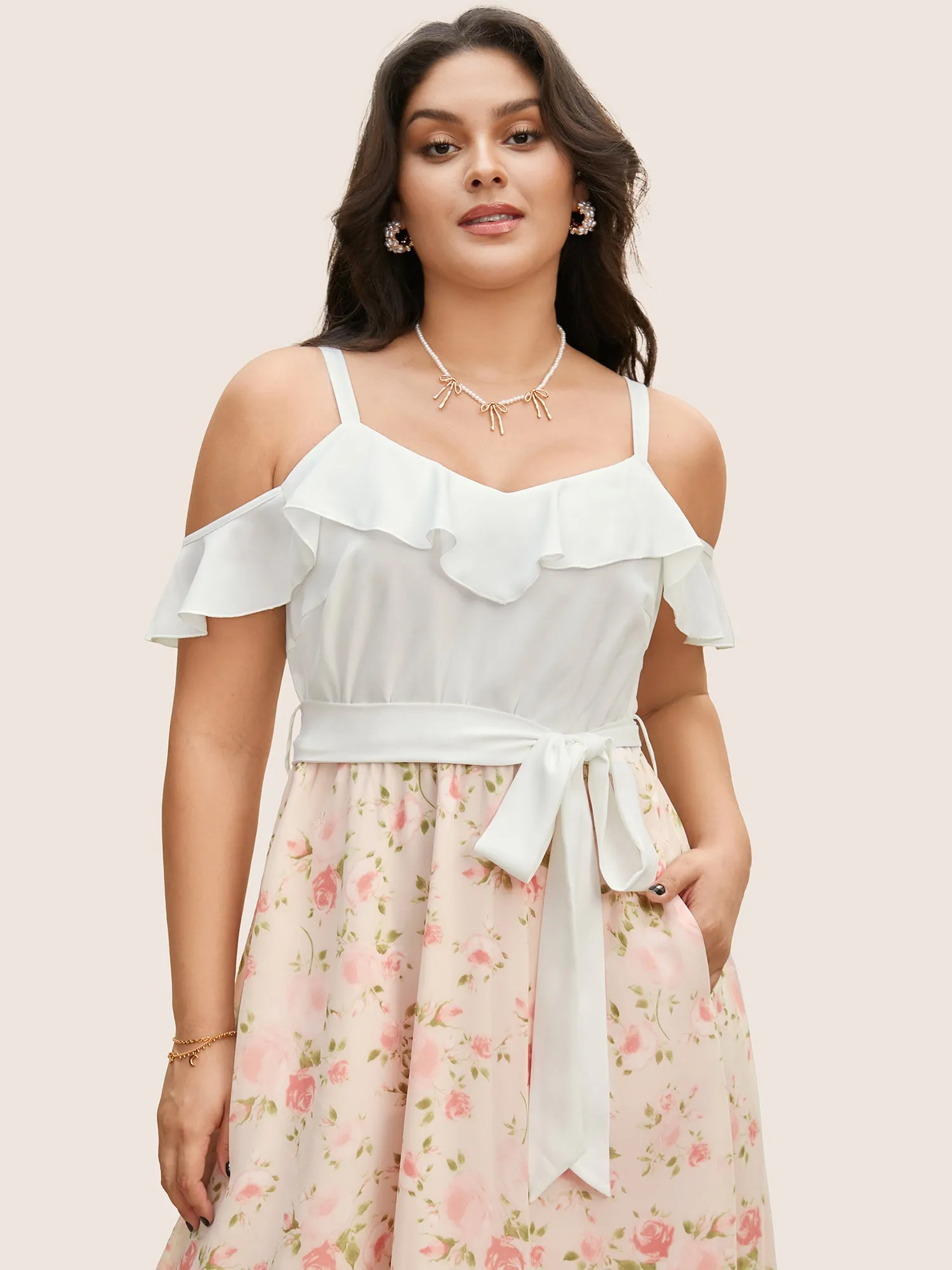 Chiffon Floral Patchwork Ruffle Trim Midi Dress sold by Bloomchic product image thumbnail 4