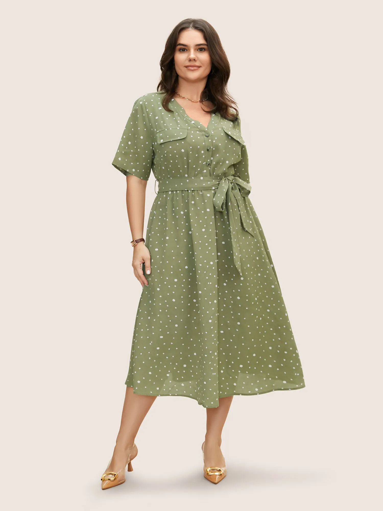 Notched Collar Polka Dot Button Up Dress sold by Bloomchic