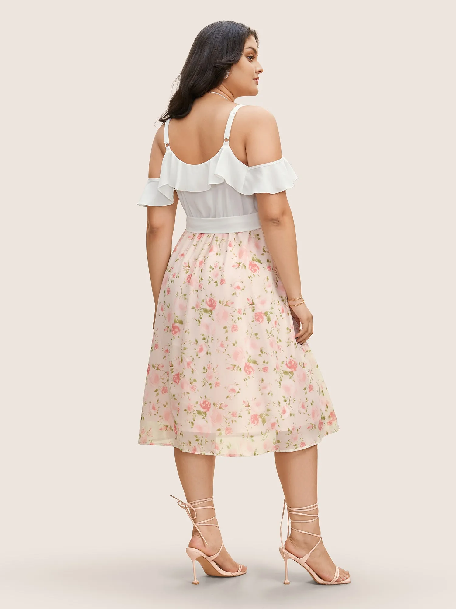 Chiffon Floral Patchwork Ruffle Trim Midi Dress sold by Bloomchic product image thumbnail 3