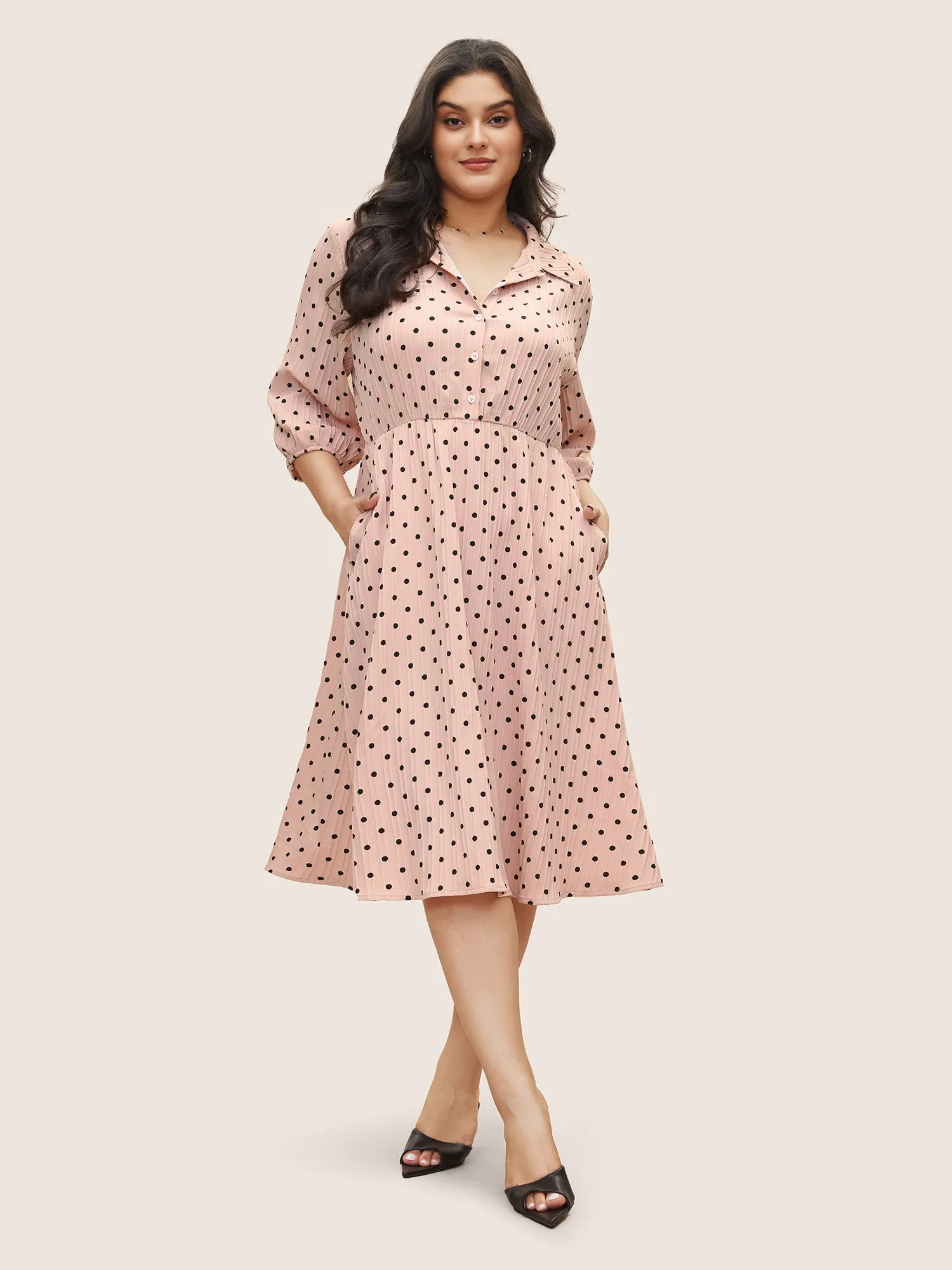 Polka Dot Textured Elastic Waist Button Up Dress sold by Bloomchic product image thumbnail 3