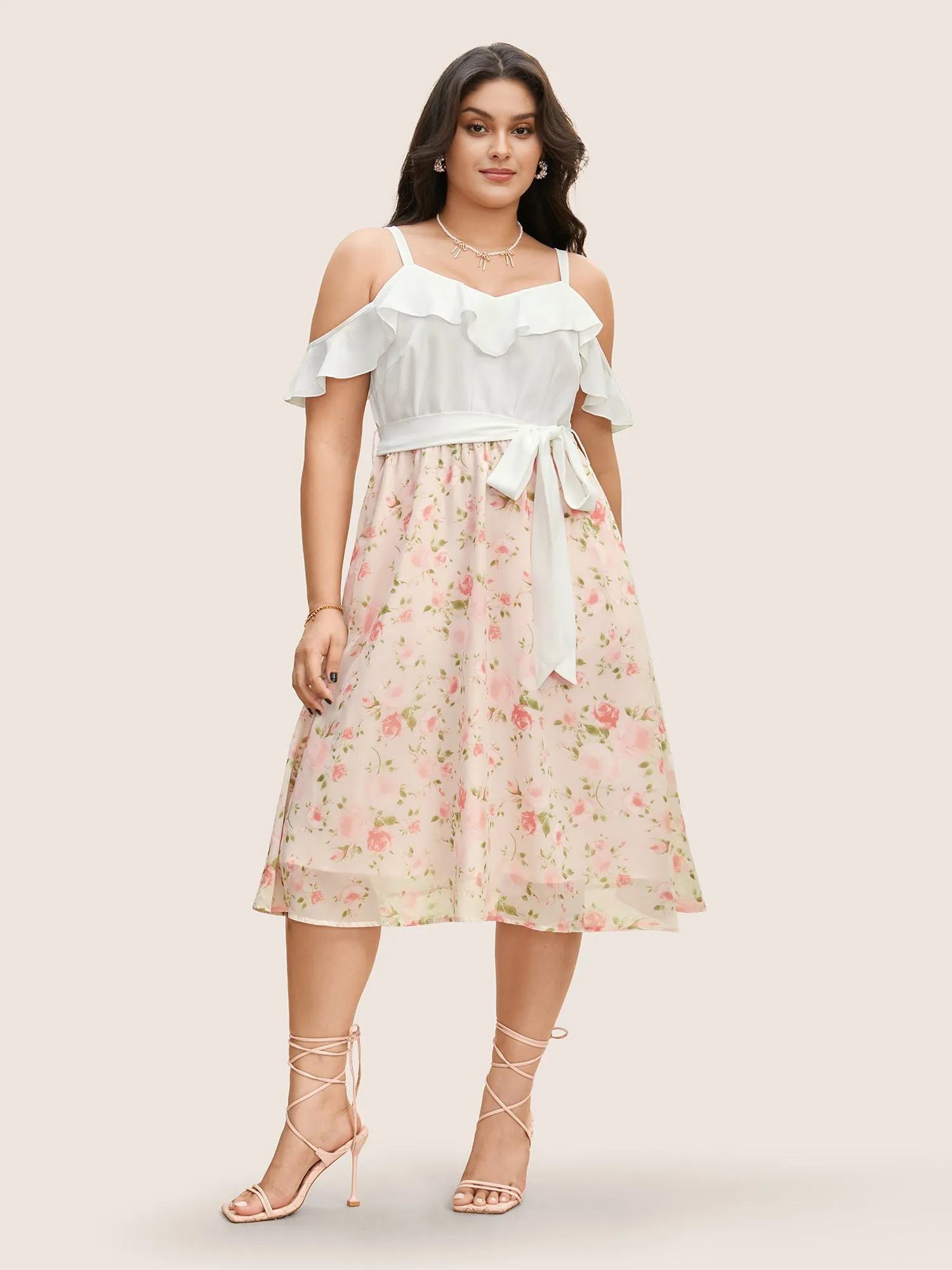 Chiffon Floral Patchwork Ruffle Trim Midi Dress sold by Bloomchic product image thumbnail 2