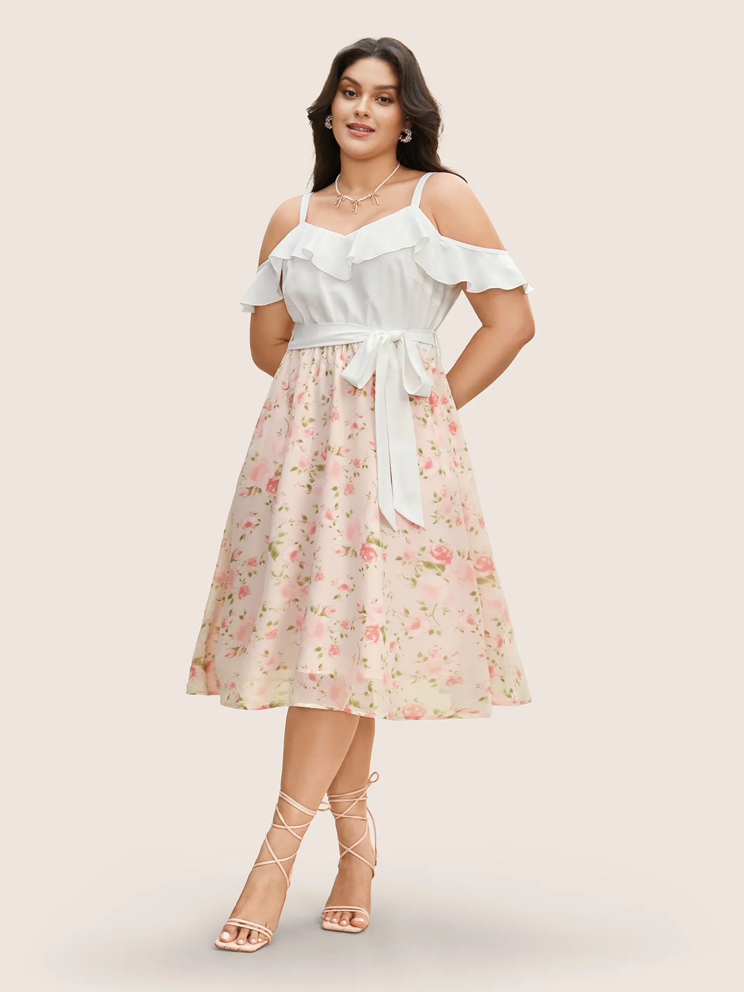 Chiffon Floral Patchwork Ruffle Trim Midi Dress sold by Bloomchic