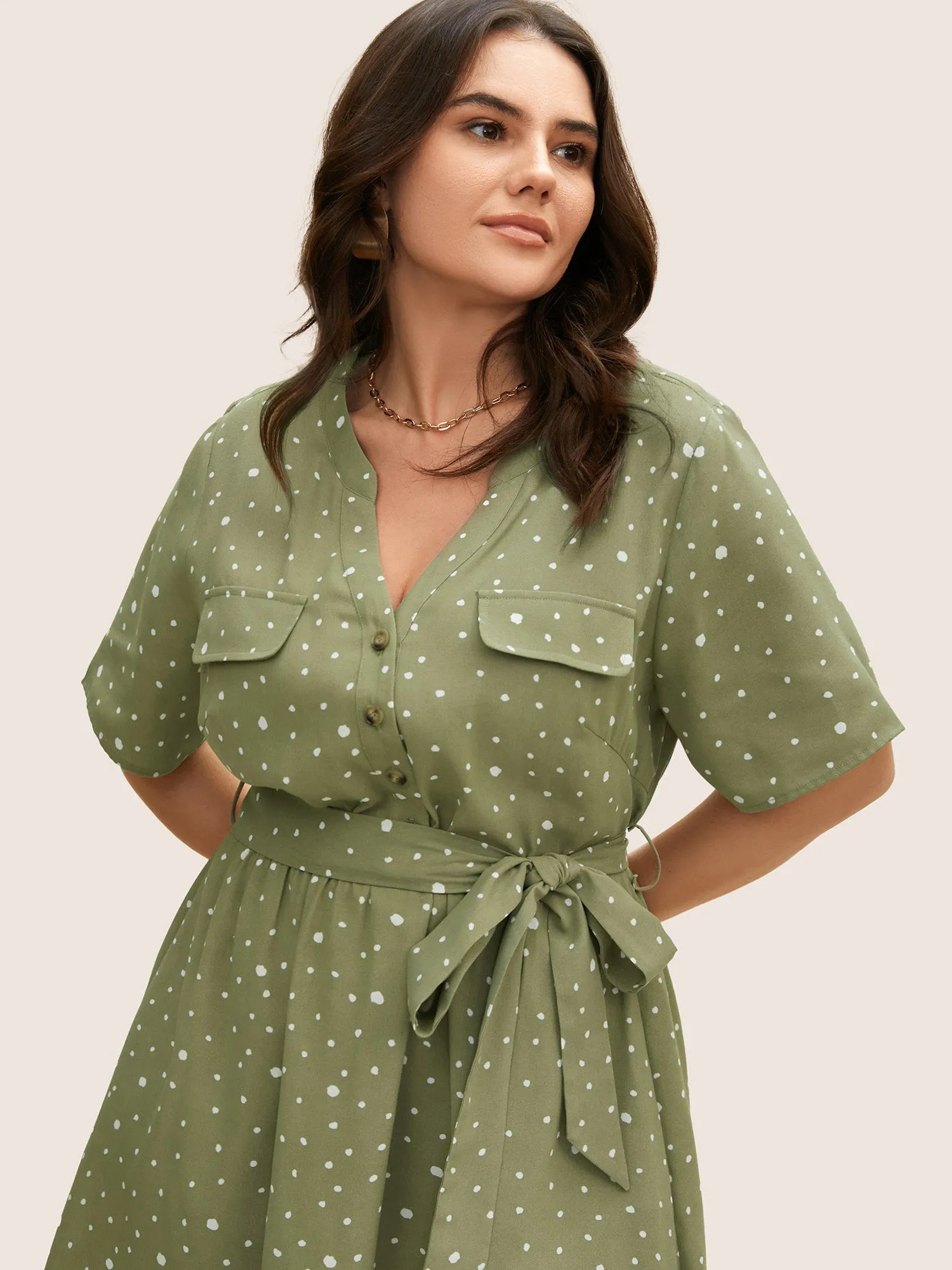 Notched Collar Polka Dot Button Up Dress sold by Bloomchic product image thumbnail 4