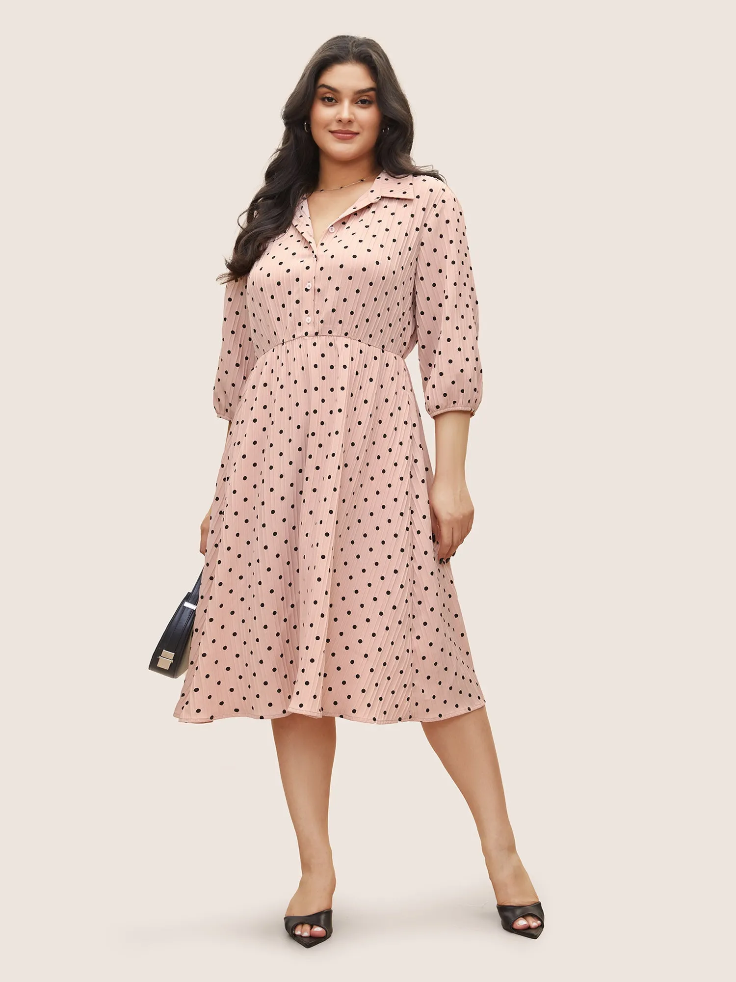 Polka Dot Textured Elastic Waist Button Up Dress sold by Bloomchic