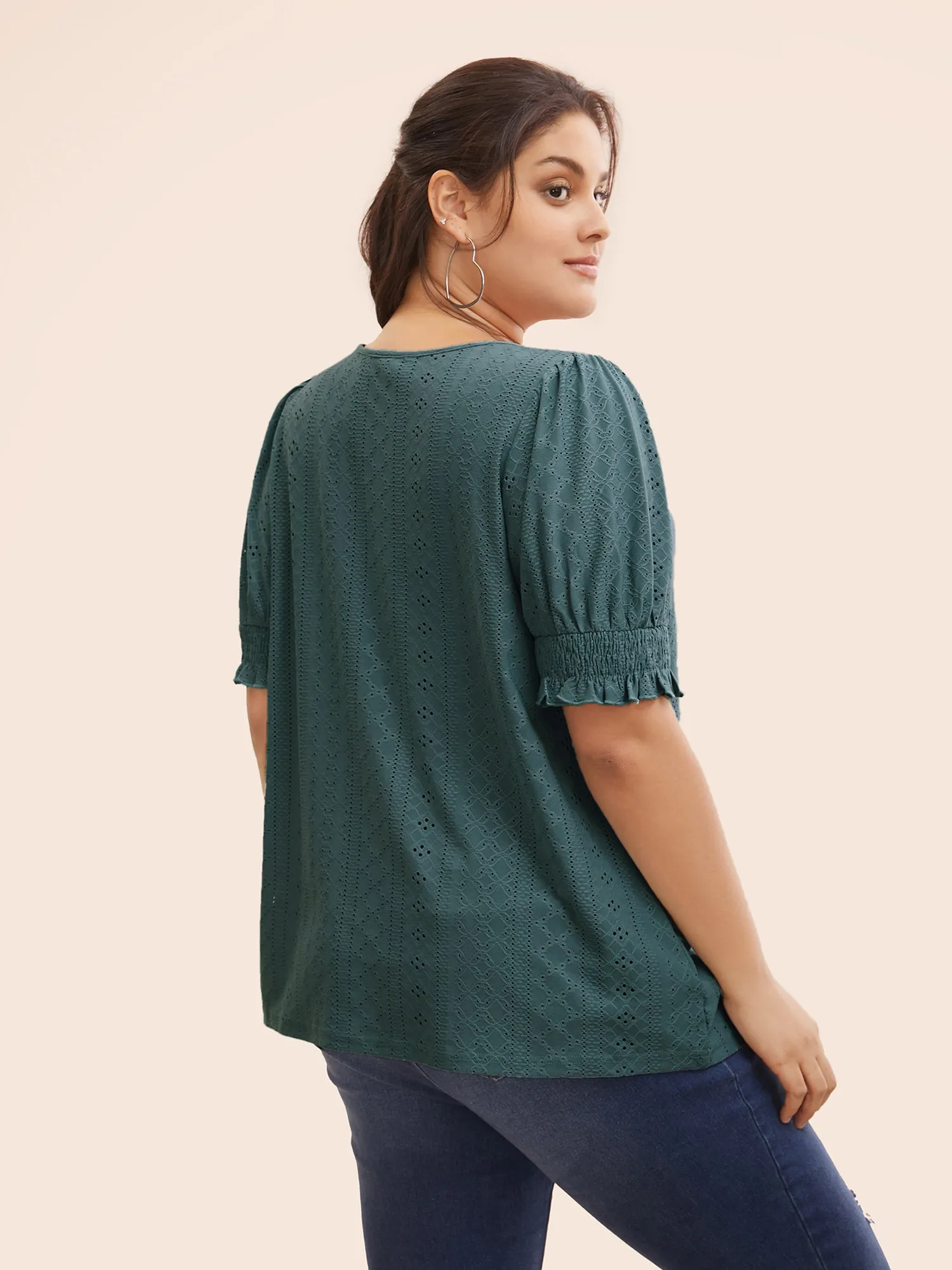 Plain Broderie Anglaise Shirred Puff Sleeve Button Detail T-shirt sold by Bloomchic product image thumbnail 3
