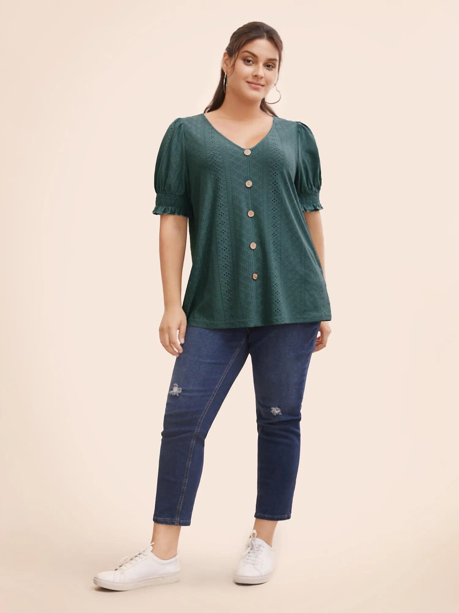Plain Broderie Anglaise Shirred Puff Sleeve Button Detail T-shirt sold by Bloomchic product image thumbnail 2