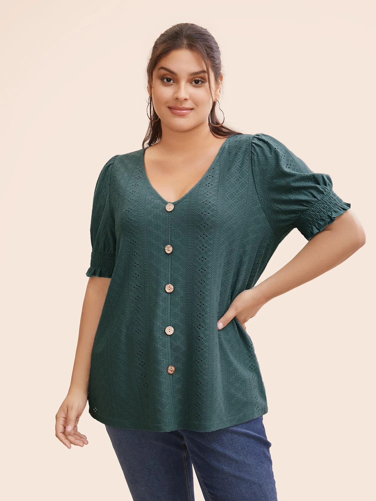 Plain Broderie Anglaise Shirred Puff Sleeve Button Detail T-shirt sold by Bloomchic