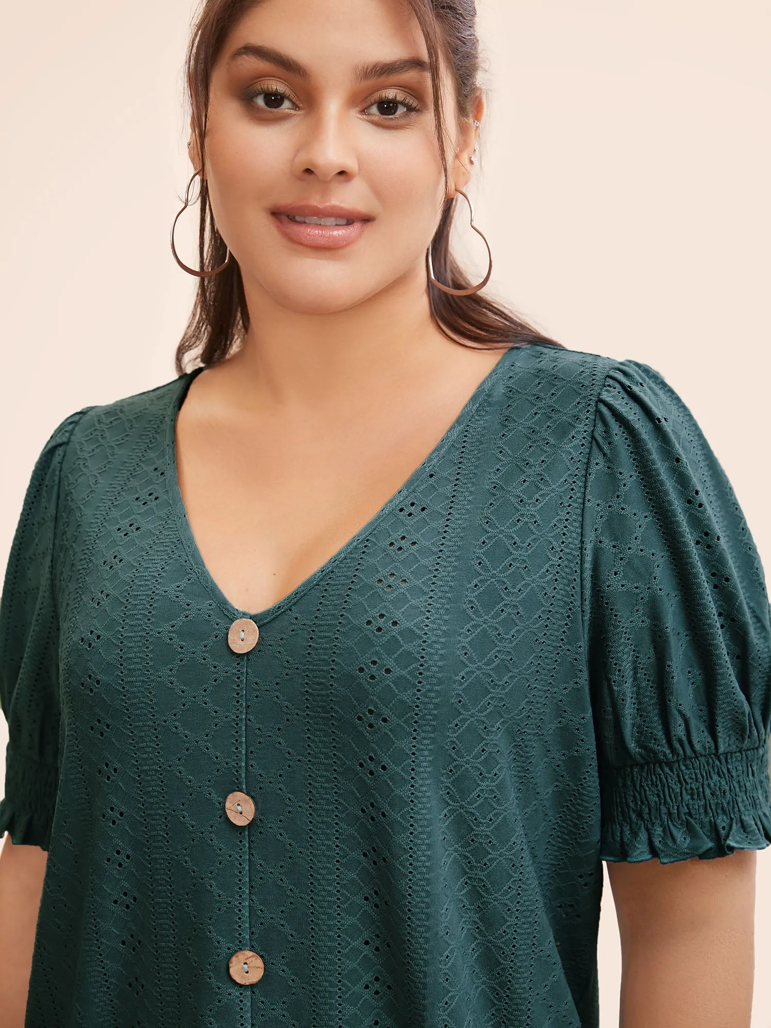 Plain Broderie Anglaise Shirred Puff Sleeve Button Detail T-shirt sold by Bloomchic product image thumbnail 5